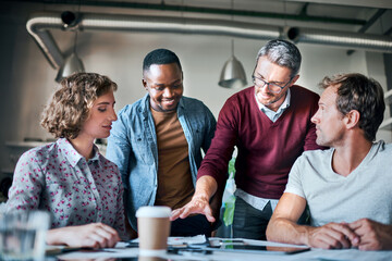Creative, web design and people in startup planning with leader, teamwork or strategy paperwork....