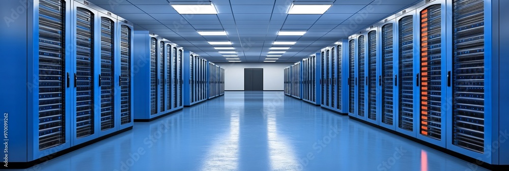 Aufkleber modern data center with rows of blue server racks, orange illumination, concept of cloud computing
