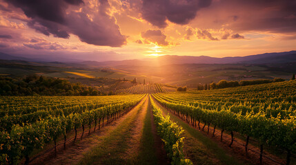 A sunset over a vineyard in Tuscany with rows of grapevines stretching out under a sky filled with warm golds and deep purples and the hills bathed in light.