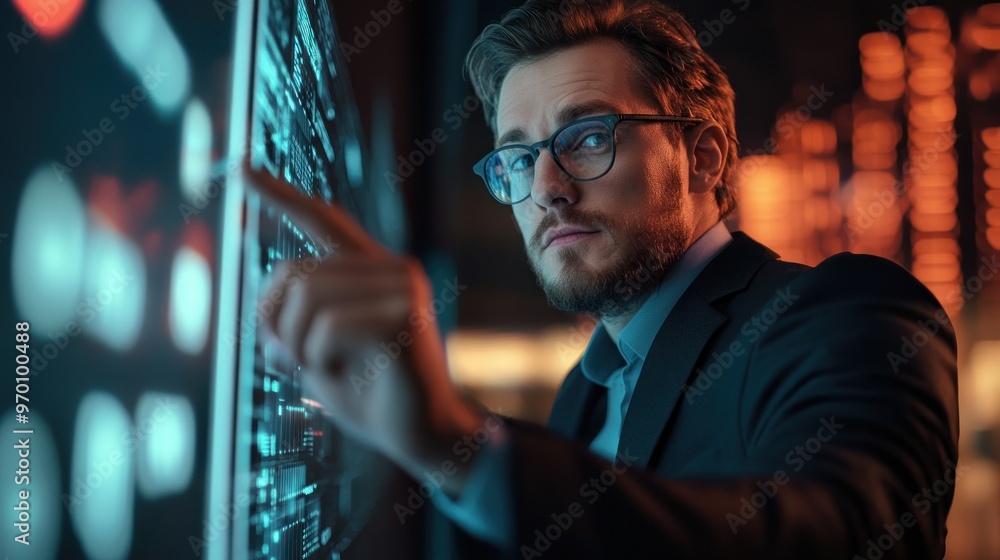 Poster businessman analyzing data on interactive screen
