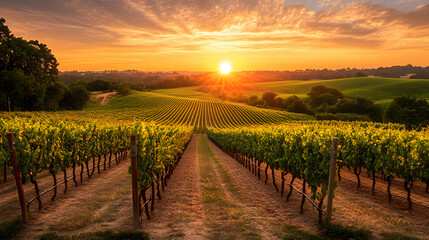 Fototapeta premium A sunset over a vineyard with rows of grapevines stretching out towards the horizon and the sky filled with warm golden light.