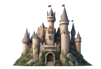 3D cartoon Medieval castle towers Fairytail mansion exterior king fortress castles isolated on white
