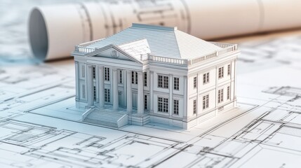 Architectural Model of a Classical Building on Blueprint