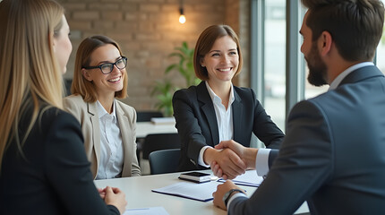 Happy mid aged business woman manager handshaking at office meeting. Smiling female hr hiring recruit at job interview, bank or insurance agent, lawyer making contract deal with client at work. 