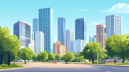 Obraz premium Modern Cityscape with Tall Buildings and Lush Greenery