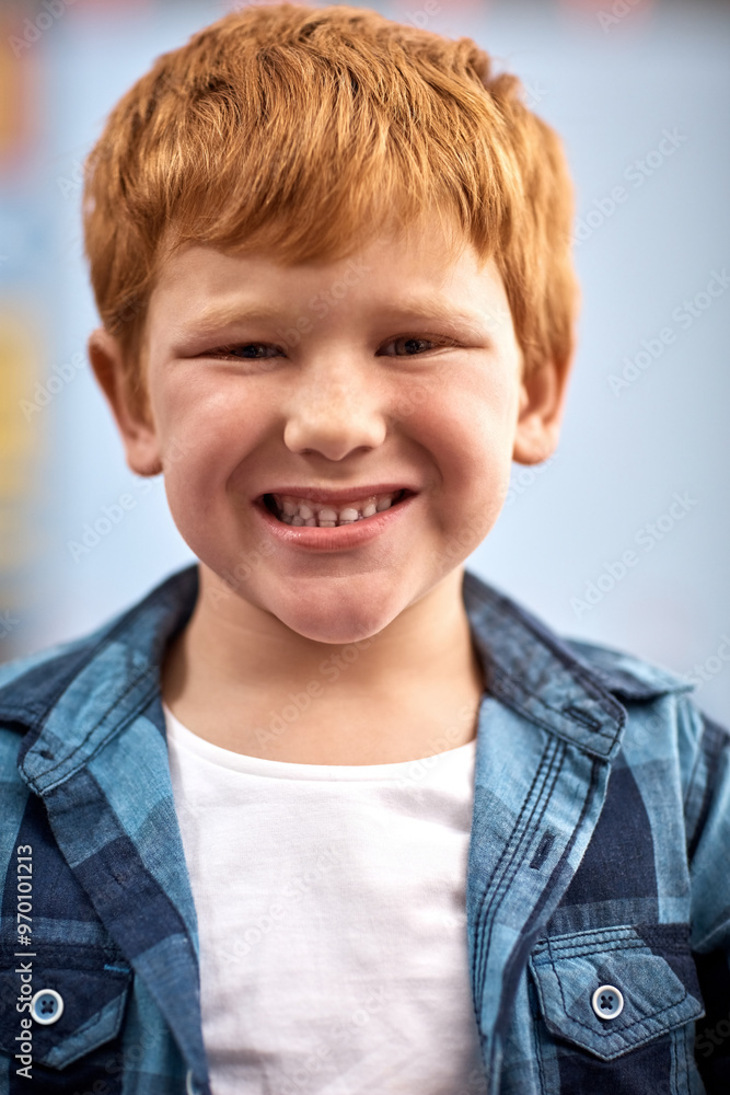 Poster learning, happy and portrait of child in classroom for education, knowledge and future. growth, stud