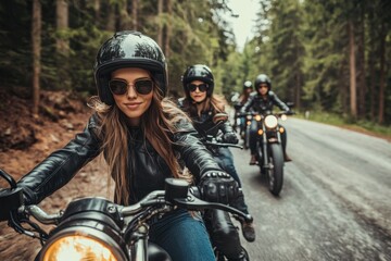 Obraz premium Sexy women riding motorcycles in a biker tour through the forest mountains