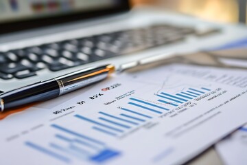Close up of pen, charts and a laptop on a desk, representing business analysis and financial planning