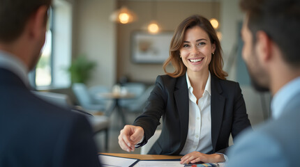 Happy mid aged business woman manager handshaking at office meeting. Smiling female hr hiring recruit at job interview, bank or insurance agent, lawyer making contract deal with client at work. 