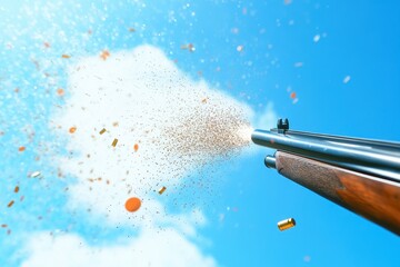 Shooting game with flying clay targets in the blue sky