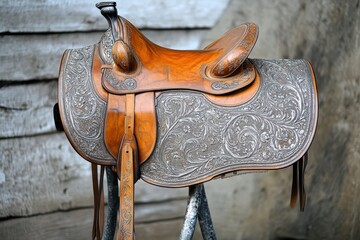 Show saddle with tooling and silver on metal stand