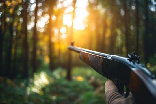Shooting at targets in the woods using a rifle