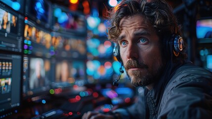 Obraz premium A man with curly hair and a beard is intently looking at a screen, immersed in video production work