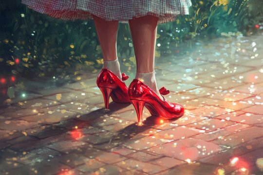 illustration of Dorothy's magical ruby slippers sparkle and shine as she embarks on her journey to find her way back home to Kansas.