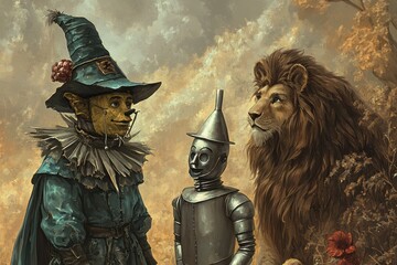 illustration of The lovable Scarecrow searches for a brain in the land of Oz, accompanied by his faithful friends, the Tin Man and the Lion 