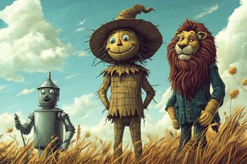 illustration of The lovable Scarecrow searches for a brain in the land of Oz, accompanied by his faithful friends, the Tin Man and the Lion 