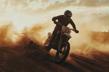 Fototapeta premium Side view footage of professional motocross rider on dune at sunset track covered in debris