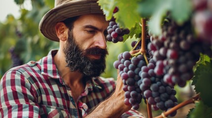 A man in a plaid shirt and hat closely inspects grape clusters on the vines