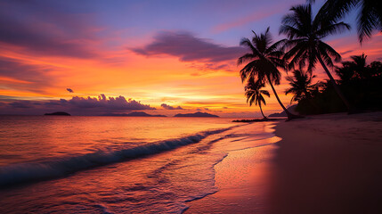 A tropical beach at sunset with palm trees silhouetted against a sky of deep orange and pink and the waves gently lapping at the shore.