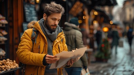 A man with short hair and a beard stands on the street, carefully studying a map.