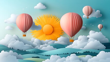 Colorful hot air balloons float above a sunny, cloud-filled landscape.