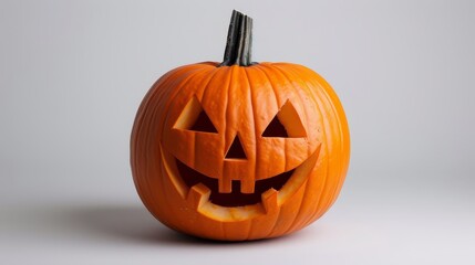 Obraz premium Creative fusion of ai technology and halloween pumpkin on white background with text space
