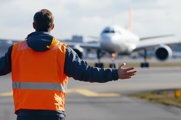 Significant signal from airport worker guiding correct landing position