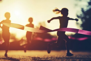 Silhouette of winning child crossing ribbon at finish line