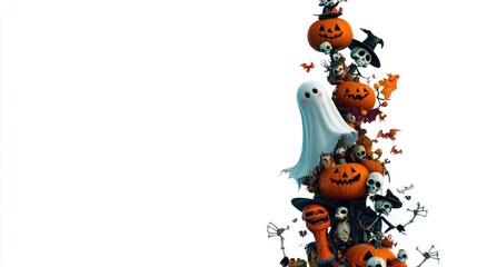 Fototapeta premium Halloween pumpkins, ghosts, and skeletons isolated on white background.