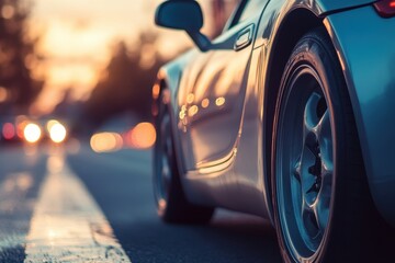 Silver car parked with light on the road