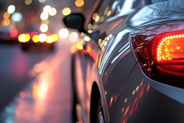 Silver car s side and road light close up