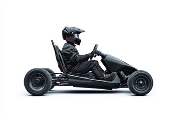 Single black go kart racer on white background viewed from the side