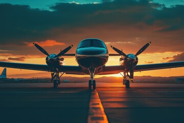 Single engine plane on evening runway sunset illuminating