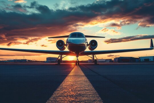 Single engine plane on runway at sunset Gorgeous view of aircraft