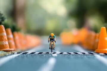 Small toys cyclist nearing finish celebrating