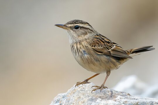 Small streaked brown songbird with bobbing tail and high pitched song found on rocky coasts