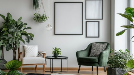 Living Room Interior with Green Armchair and Plants