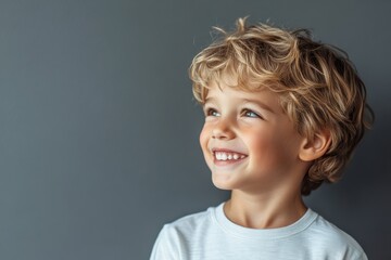 Smiling Caucasian boy in casual clothes looking confidently to the side