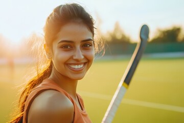Smiling Indian female hockey athlete on outdoor field ready for game training and fitness