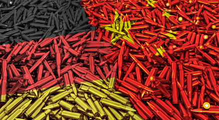 A large pile of bullets for automatic weapons in the shape of the flags of Germany and China, a concept of military conflict