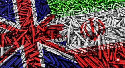 A large pile of bullets for automatic weapons in the form of Great Britain and Iran flags, concept of military conflict