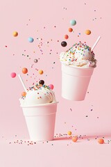  two ice cream cups with rainbow sprinkles and candies on a pink background