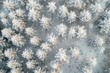 Snow covered pine forest seen from above