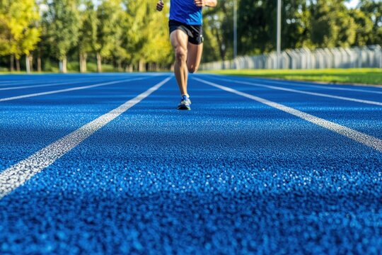 Sprinter on blue track starting with block