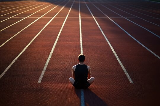 Sprinter training alone in empty lanes spikes ready for competition