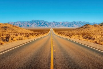 Straight road through American Southwest with heat haze under blue sky in summer