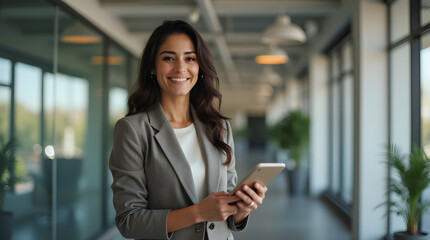 Happy young Hispanic professional business woman using tab standing in office. Happy businesswoman manager female executive leader holding tab at work