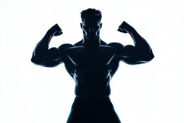 Fototapeta premium Strong man silhouette on white background Fit man with clenched fists Bodybuilding branding design concept