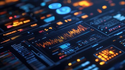 Obraz premium Close-up of a glowing digital interface with data visualizations and charts.