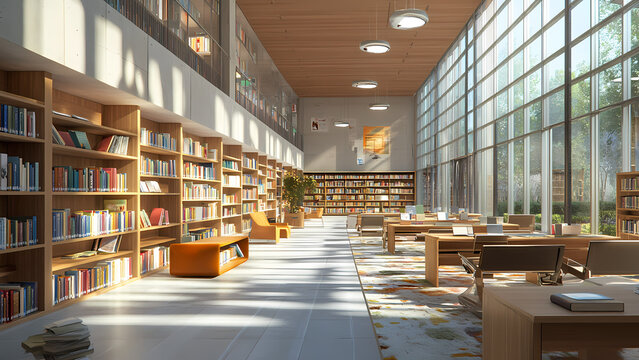 Modern library with large windows and bookshelves